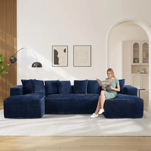 Vista 28 de Sofás seccionales en forma de U de gran tamaño de 131 pulgadas para sala de estar, cómodo sofá modular de pana esponjosa beige sin hueso, sofá