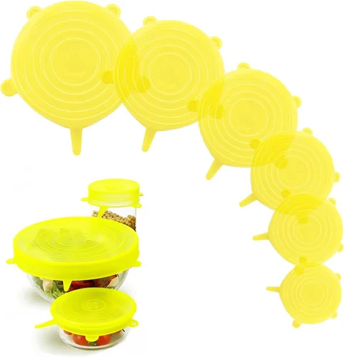 Vista 7 de Tapas elásticas de silicona, paquete de 6 fundas reutilizables para alimentos, silicona flexible para cuencos, recipientes, frutas, sello hermético