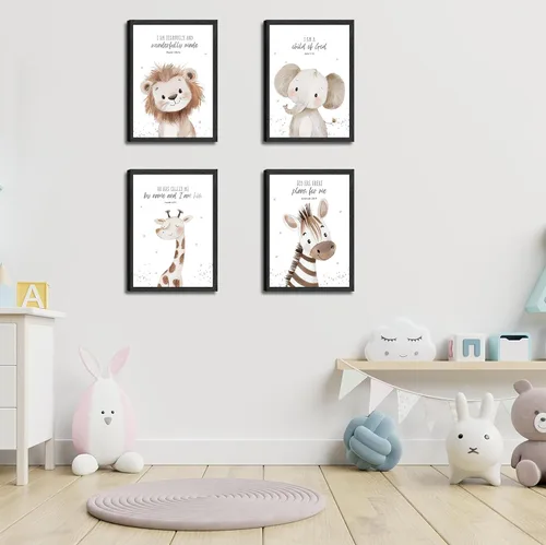 Vista 7 de Arte de pared enmarcado para guardería con versículo bíblico de animales en lienzo, arte de pared divertido y lindo de animales de safari, pintura