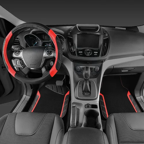 Vista 3 de CAR PASS Funda para volante de cuero y alfombrillas de coche impermeables, combo universal de microfibra para coche, diseño deportivo antideslizante