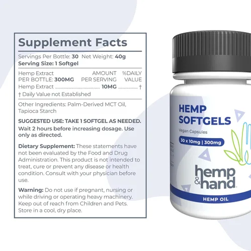 Vista 6 de Cápsulas blandas de cáñamo de 300 mg – Fuerza máxima para adultos – Enfriamiento, inflamación, dolor natural, sueño reparador – por Hemp and Hand