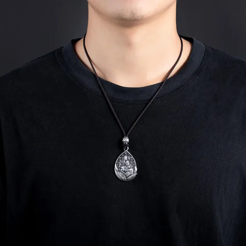 Vista 5 de AnuClub Collar con colgante de escultura de Buda Guanyin de plata de ley S999, amuleto de la suerte, joyería de San Patrono del zodiaco chino
