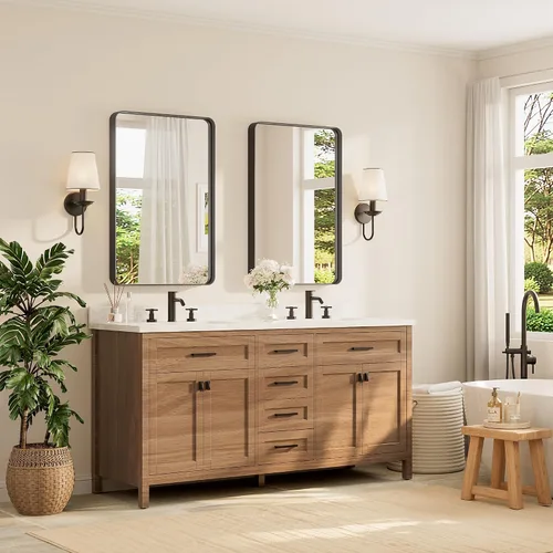 Vista 102 de TETOTE Espejo de marco dorado cepillado de 16 x 24 pulgadas, espejo de tocador de baño de latón dorado para pared, espejo enmarcado rectangular