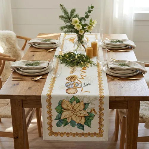 Vista 2 de Camino de mesa de Navidad de flor de pascua, tapiz de tela de lúrex dorado, rectangular, patrón antiguo, decoración de mesa (18 x 55 pulgadas)