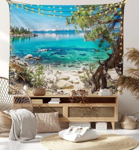 Vista 7 de Ambesonne Tapiz de naturaleza, reflejo de montaña nevada del lago Tahoe, vista de la costa rocosa de agua clara, decoración de tela para colgar