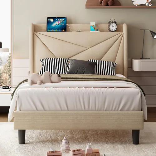 Vista 12 de iPormis Base de cama tamaño Queen con estación de carga, marco de cama de plataforma de lino con cabecera tapizada con respaldo de ala, soporte