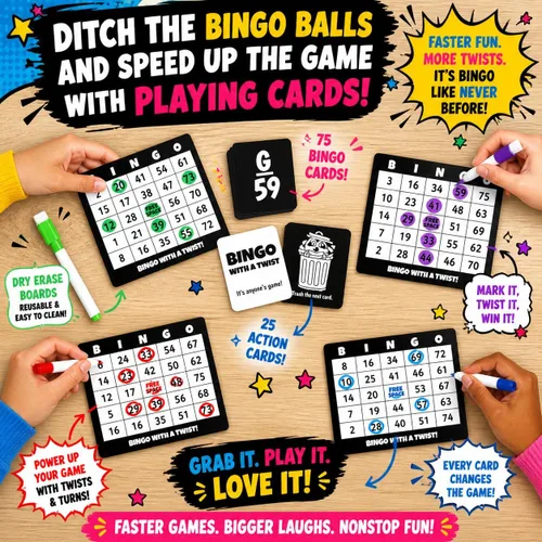 Vista 3 de Juego de Fiesta Bingo con un Giro, Bingo con Cartas de Acción, Giro Divertido, Cartas de Acción con Bloquear, Intercambiar y Robar, No Más Pelotas
