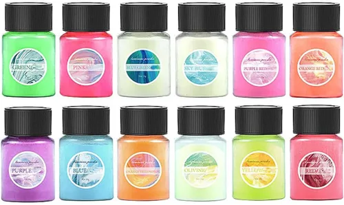 Vista 6 de 12 piezas de pigmento brillante en polvo de mica en polvo de mica de color nacarado en escamas de resina epoxi polvo luminoso para kit de limo