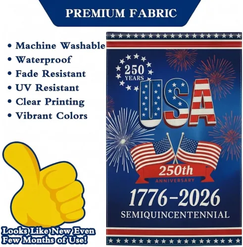 Vista 2 de 250 Anniversary USA Garden Flag, 250th Anniversary America Flag 1776-2026 Commemorative Patriotic 250 Year Banner 4th of July Yard Sign Double-Sided