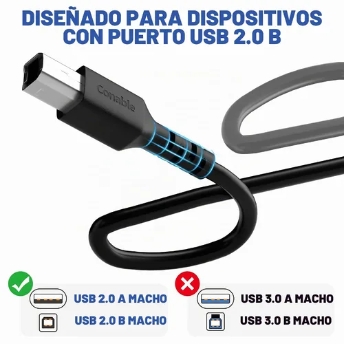 Vista 4 de Cable de impresora USB A a B de 2 pies, cable de impresora USB 2.0 de alta