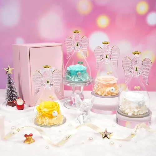 Vista 5 de Sunia Regalos para mamá, regalos de cumpleaños para mujeres, rosas reales preservadas en figura de ángel de cristal, flores eternas para la entrega