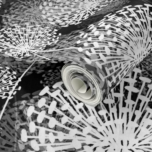 Vista 2 de Spoonflower Papel tapiz para despegar y pegar, diseño de dientes de león blanco y negro, flores de estilo vintage, floral, naturaleza, papel tapiz