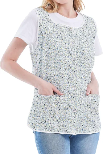 Vista 10 de Nanxson Delantal de mujer con bolsillos de parche, babero estampado de algodón, smock con botones para trabajo, cocina y chef CF3177 Azul