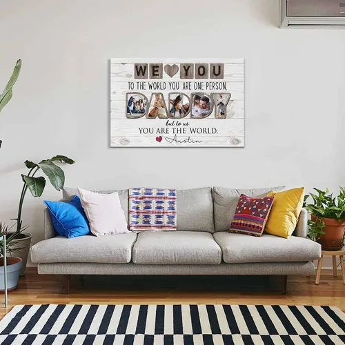 Vista 4 de Regalo personalizado para el Día del Padre, impresiones en lienzo con texto en inglés "To The World You Are One Person", póster de lienzo