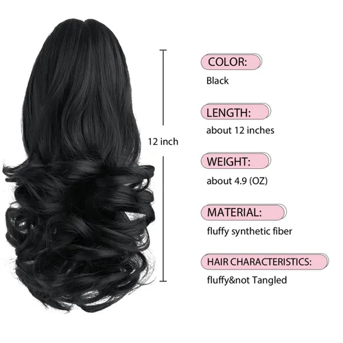 Vista 2 de Extensión de cola de caballo de color negro, pinza de extensiones de cabello rizado para mujer, extensiones de cabello sintético de cola de caballo