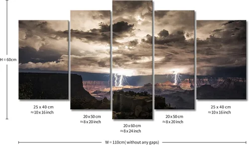 Vista 7 de So Crazy Art® Cuadros para pared de 5 unidades, diseño: rayos en el Gran Cañón y nubes oscuras, imágenes impresas en una lona, imagen decorada