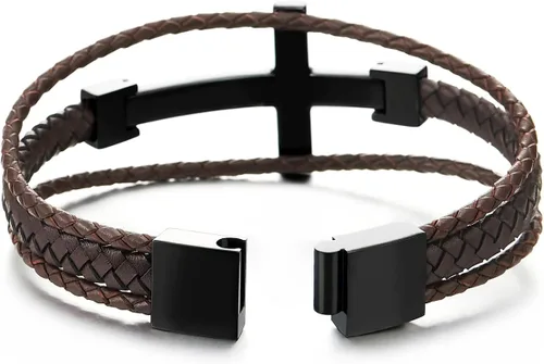 Vista 4 de COOLSTEELANDBEYOND Men Stainless Steel Horizontal Sideway Lateral Cross Three-Row Braided Leather Bangle Bracelet