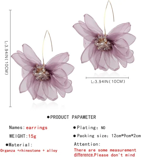 Vista 7 de Elegantes aretes grandes de pétalo grande para mujer, aretes colgantes de flores grandes con diamantes de imitación con borla floral de gasa