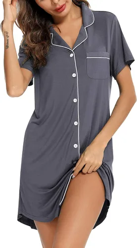 Vista 184 de Samring Camisón de pijama para mujer, manga corta/larga, con botones, camisón para dormir, camisón para novio, talla XXL