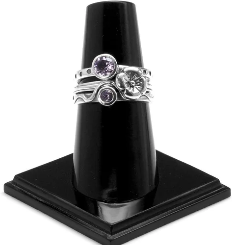 Vista 3 de Silvershake Juego de 4 anillos apilables de plata de ley 925 con piedras preciosas de libélula y flores para mujer, múltiples formas de uso