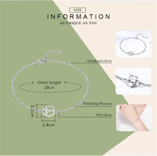 Vista 5 de Pulsera de cadena de plata de ley 925 con dije de corazón de amor de gato, pulseras de oro chapadas ajustables con longitud de cadena de 6.5 a 7.9