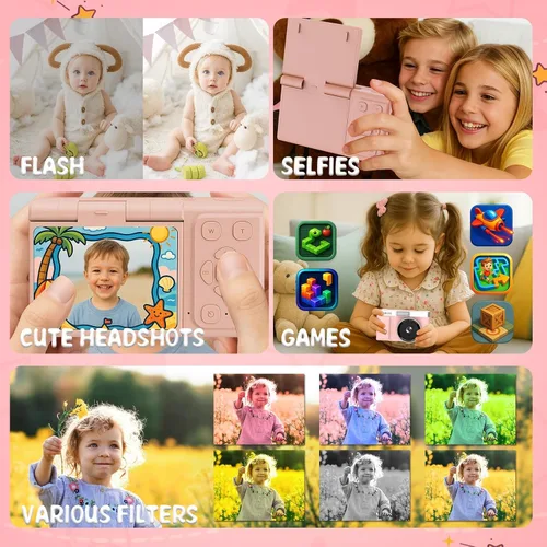 Vista 4 de Cámara Digital para Niños FHD 1080P Cámara Digital para Niños con Tarjeta de 32GB, Pantalla Abatible de 2'' 180° con Soporte para Selfie Vlog Cam