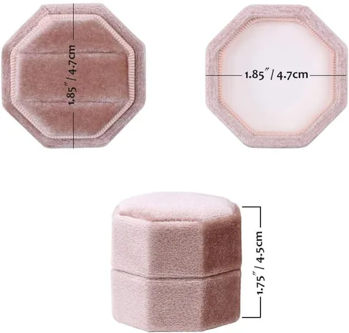 Vista 2 de BLUTETE Caja de terciopelo con 2 ranuras para joyería, caja de compromiso, boda, caja de recuerdo, anillo de foto nupcial, octágono de doble ranura
