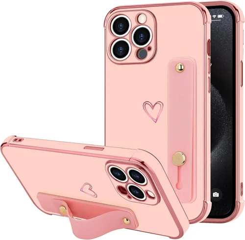 Vista 16 de LLZ.COQUE Funda compatible con iPhone 12 para mujeres y niñas, parachoques chapado de lujo con bonito diseño de corazón de amor, soporte de correa