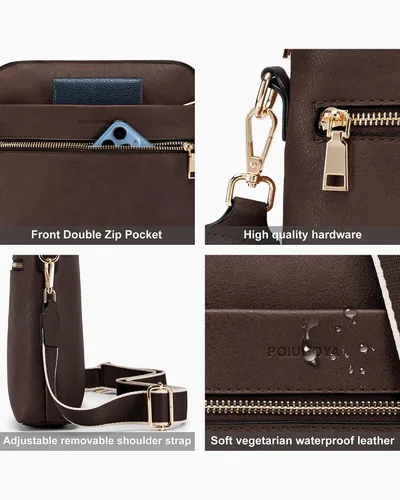 Vista 7 de POIUGOYA Bolsos cruzados medianos para mujer, a la moda, bolso de hombro de cuero para mujer, bolso de viaje con múltiples bolsillos con ranuras