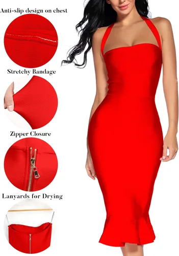 Vista 3 de houstil Vestido ajustado estilo halter con cuello en V y reborde para mujer para fiesta