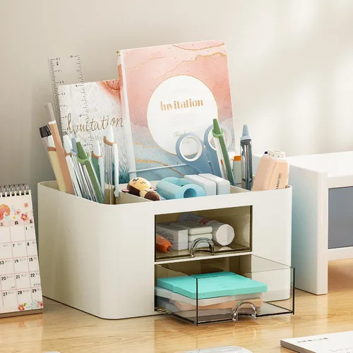 Vista 3 de Marbrasse Organizador de bolígrafos con 2 cajones, portaplumas multifuncional para escritorio, organizadores de escritorio y accesorios con 5