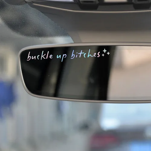 Vista 3 de 2 calcomanías con el texto “Buckle Up” para espejo retrovisor, calcomanía de vinilo divertida y bonita para el auto