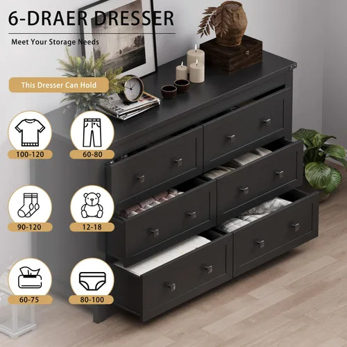 Vista 5 de Wodeer - Cómoda moderna, 6 cajones, negro, asas de metal, almacenamiento de clóset, organizador