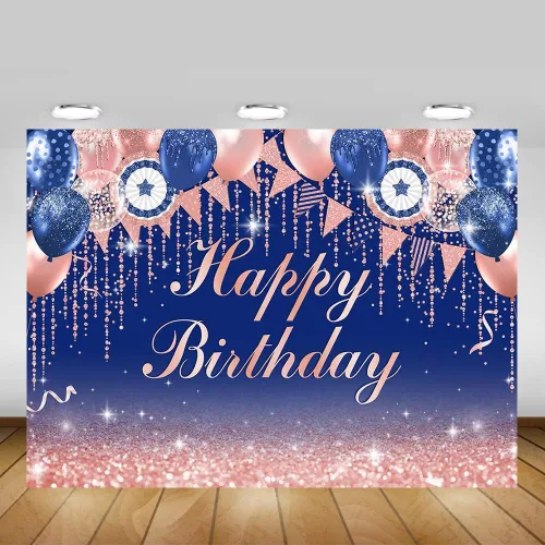 Vista 5 de Mocsicka Telón de fondo azul y oro rosa con purpurina para decoración de fiesta de cumpleaños Bokeh, suministros para fiestas de cumpleaños, fondos