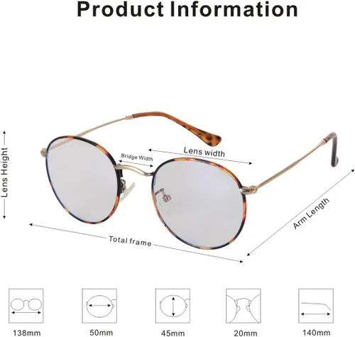 Vista 3 de Vintage Round Clear Glasses for Women and Men, Non-prescription Lens with Spring Temple Fashion Metal Frame LA024