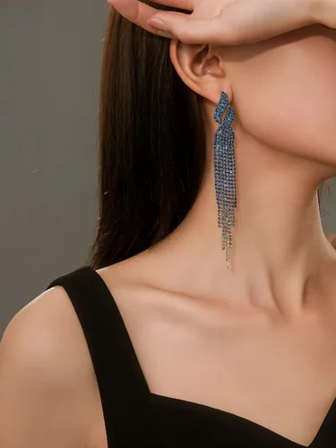 Vista 2 de Supra Diamanto Aretes largos de borla para mujeres y niñas, aretes largos de borla bohemia, aretes colgantes de diamantes de imitación, joyería