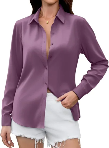Vista 6 de Camisas Premium de Seda Satinada Suave y Transpirable con Botones para Mujer, Blusas de Manga Larga, Tops de Trabajo Casuales