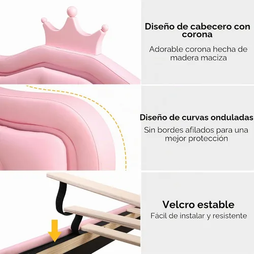 Vista 7 de Marco de Cama LED Tapizada Tamaño Twin con Cajón de Almacenamiento, Cama de Plataforma de Princesa de Cuero con Cabecera de Corona con Botones