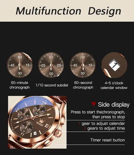 Vista 5 de OLEVS Reloj cronógrafo de cuarzo para hombre correa de cuero dorada con fecha de día reloj de pulsera de acero inoxidable impermeable relojes