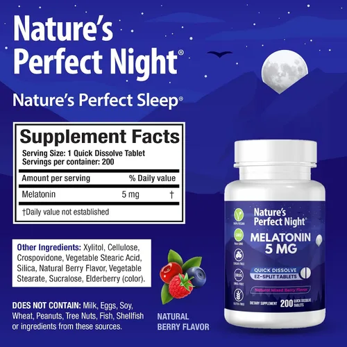 Vista 2 de Nature's Perfect Night Paquete Melatonina 5 mg Melatonina para niños de 1 mg 200 unidades 100 unidades Sin azúcar Sin gluten Sin OMG