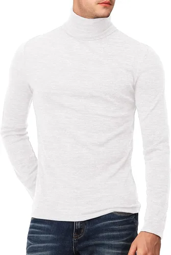 Vista 2 de H2H Suéter de cuello alto ligero y ajustado para hombre de manga larga, Kmttl028-01white (Cuello de tortuga)