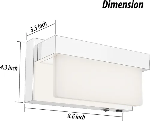 Vista 2 de Aplique de pared de batería cromado con interruptor de encendido/apagado, lámpara de pared LED de 8 pulgadas, pantalla acrílica, lámpara de pared