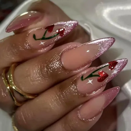 Vista 20 de MISUD Uñas a presión largas tipo Stiletto con pegamento de Rojo Gótico y Negro, diseño gótico cruzado acrílico, 24 piezas 02301Negro y Rojo