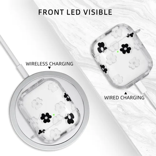 Vista 4 de Funda compatible con AirPods, funda de TPU suave con bonito patrón de flores para AirPods de 2 y 1 generación con llavero colgante y mosquetón