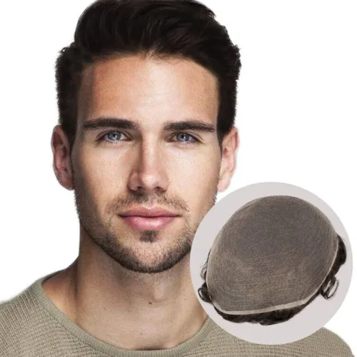 Vista 8 de Amiable Toupee para hombres, cabello humano, encaje francés, sistemas de reemplazo de cabello para hombre, suave blanqueado, frontal, aspecto #1