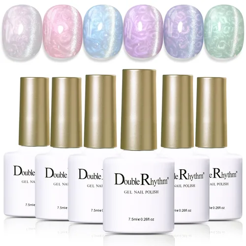 Vista 18 de Double Rhythm Juego de esmaltes de gel de ojo de gato, 6 colores, purpurina brillante con imán, holográfico, reflectante, magnético, UV, kit de arte