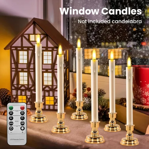 Vista 4 de RaceGT Paquete de 6 velas cónicas sin llama, velas de ventana cónicas a pilas con temporizador remoto, candelabros LED parpadeantes sin llama