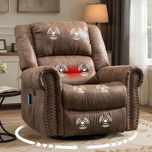 Vista 10 de MEETWARM Sillón reclinable giratorio de masaje con calor y vibración, mecedora manual mecedora, silla reclinable giratoria de 360° con control