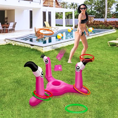Vista 4 de Juego de juguetes inflables de flamenco 2 en 1 para lanzar y lanzar anillos. Juego de juguetes inflables de flamenco para piscina y cornhole