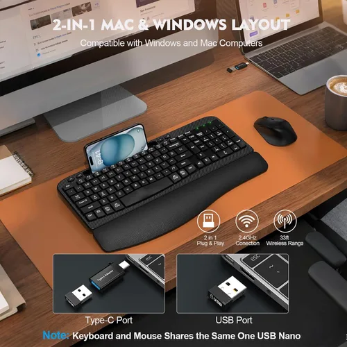 Vista 5 de Juego de teclado y mouse inalámbrico, teclas de onda de tamaño completo, teclado ergonómico con reposa muñecas acolchado, soporte para teléfono